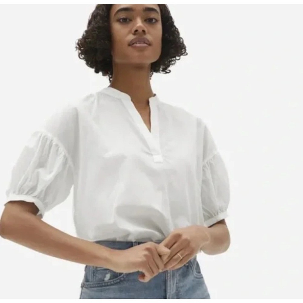 LEE MATHEWS White Cotton Puff Sleeve Mandarin Collar Pullover Top Size 2